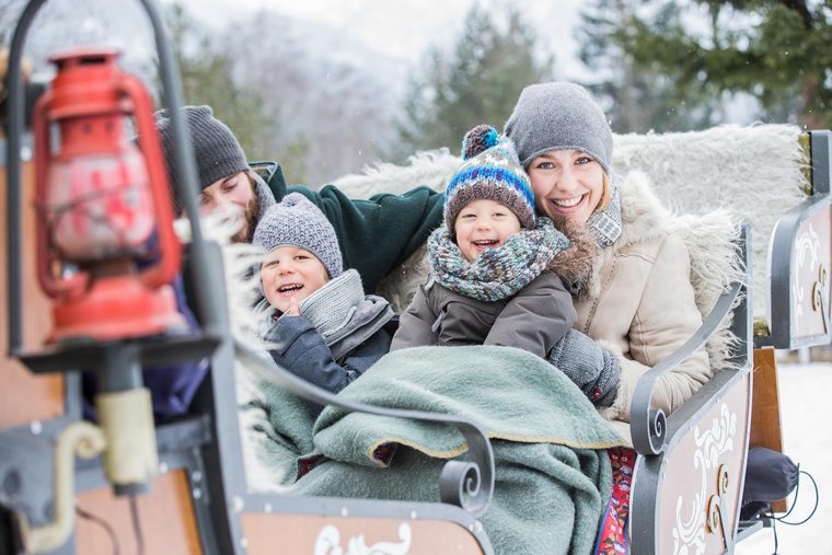 Pferdeschlittenfahrten im Winter Familie in Kutsche im Winter