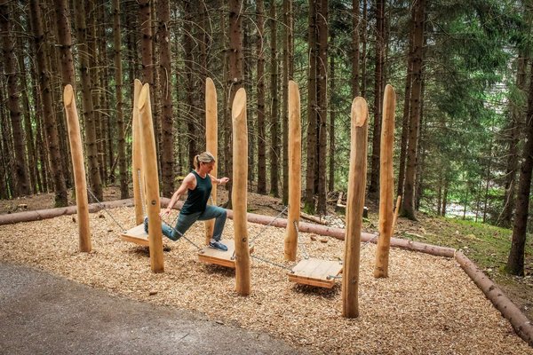 Eine Dame macht Sportübungen im Wald auf einem Holz-Sportgerät