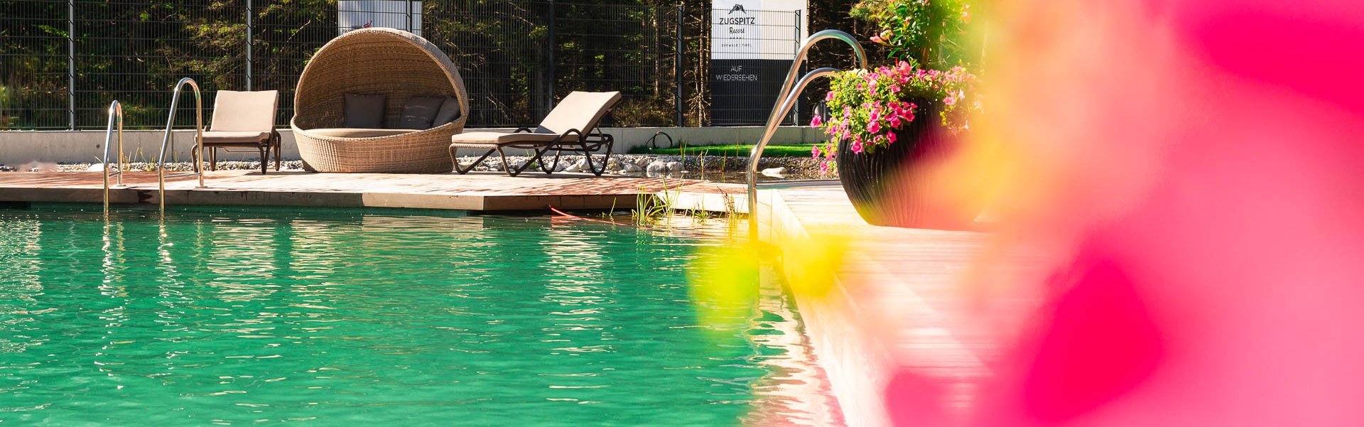 Schwimmteich Zugspitz Resort Blumen im Vodergrund