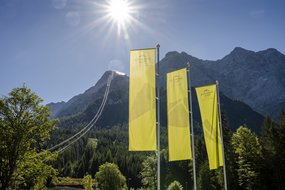 Fahnen vor Berg Grünen Fahnen des Zugspitz Resort