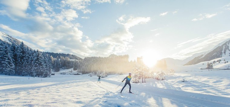 Langlaufen bei Schnee und Sonnenschein