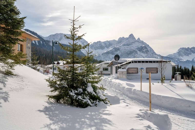 Wohnwagen im Schnee mit Baum