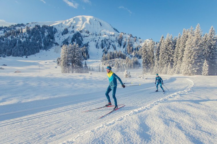 Langläufer in der verschneiten Winterlandschaft 